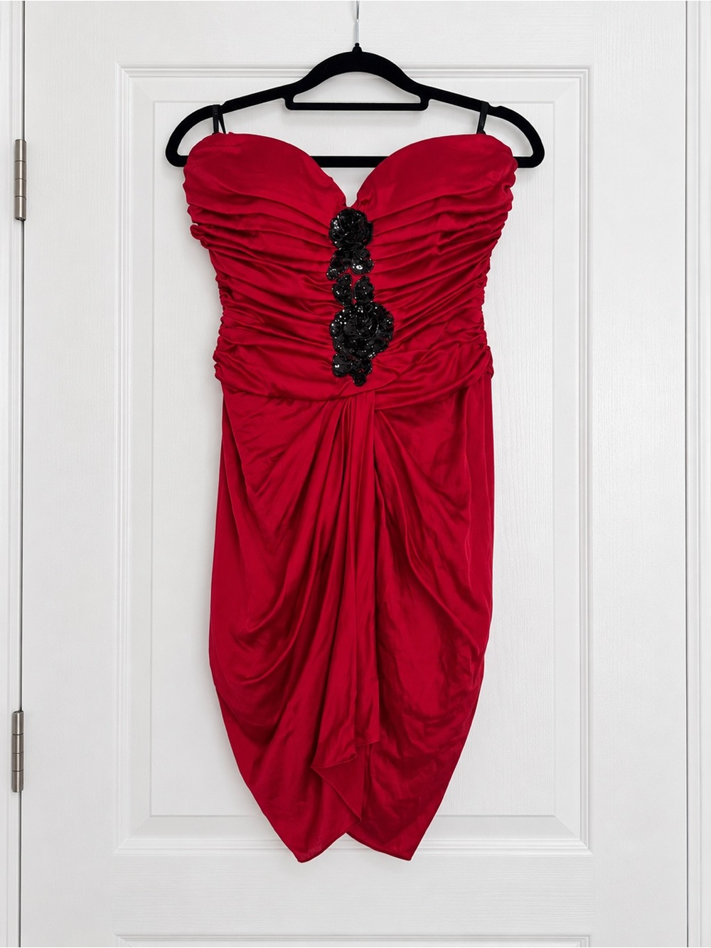 Bebe: Red Strapless Ruched Cocktail Dress | Black Sequin Floral Detail